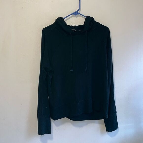 ATHLETA BLACK MEDIUM MODAL STRETCH HOODIE WITH SHEER MESH STRIPES ON ARMS - Picture 3 of 9